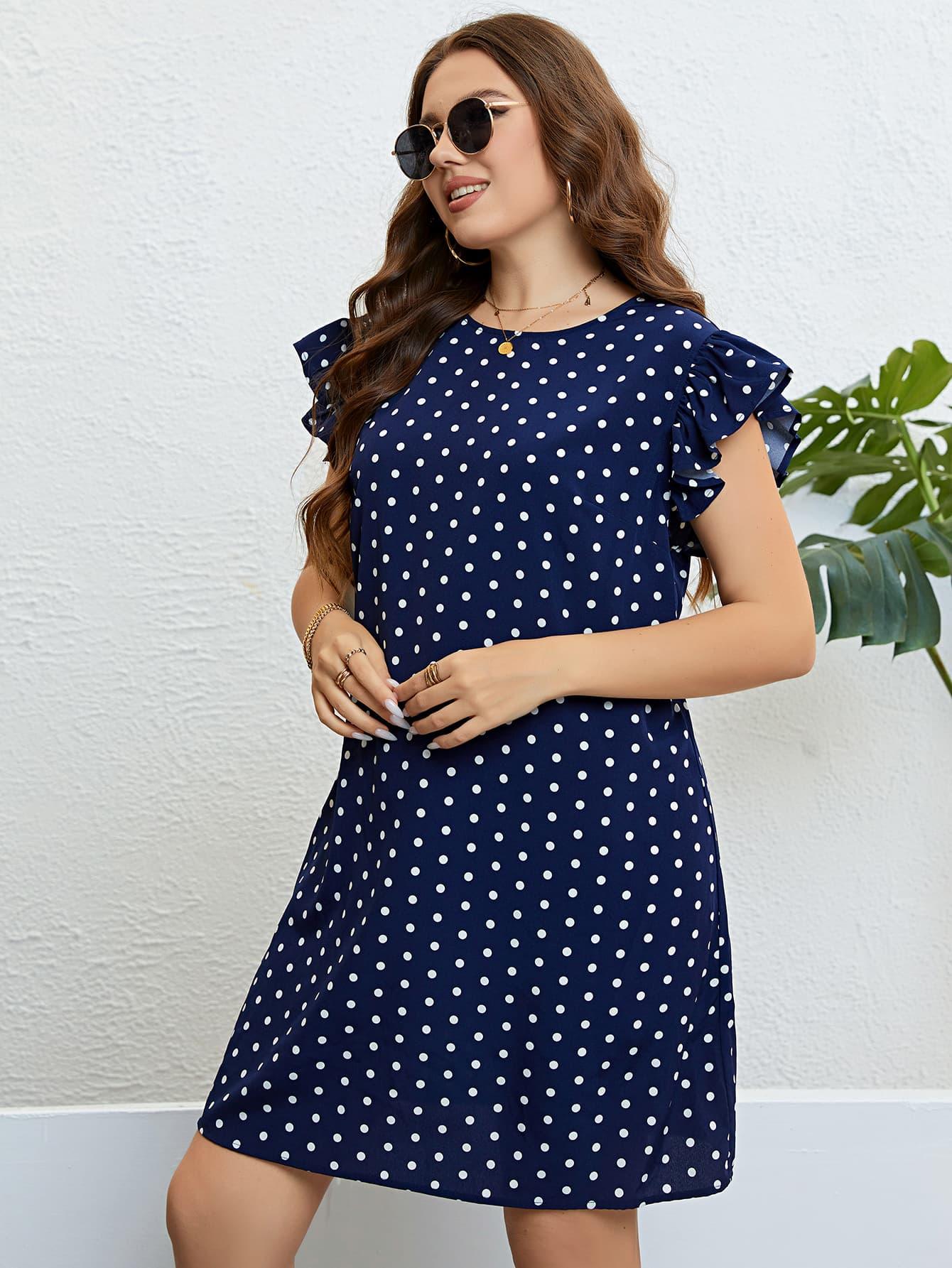 Plus Size Polka Dot Round Neck Dress - Raee-Industries