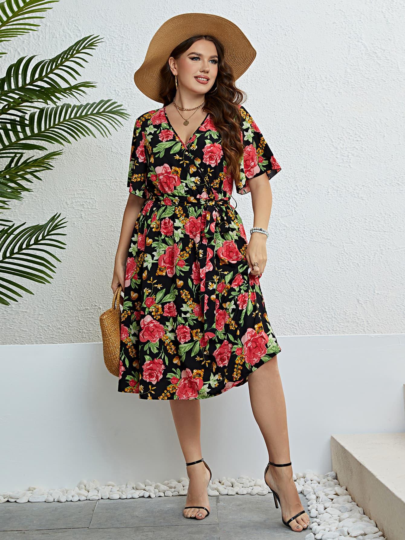 Plus Size Floral Tie Belt Surplice Dress - Raee-Industries