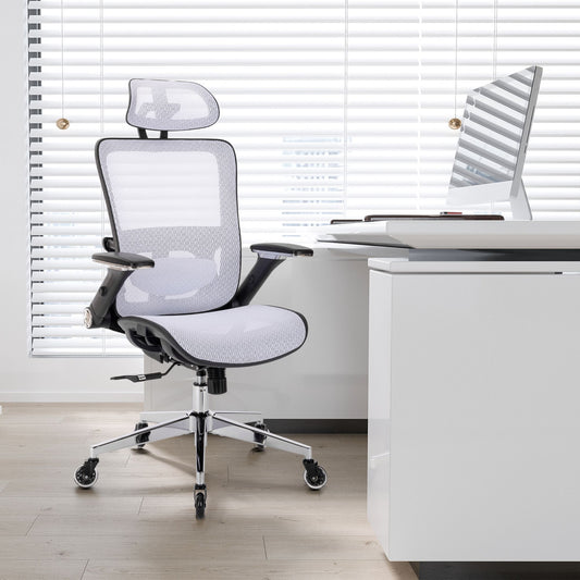 WHITE Ergonomic Mesh Office Chair, High Back - Adjustable Headrest with Flip-Up Arms, Tilt and lock Function, Lumbar Support and blade Wheels, KD chrome metal legs