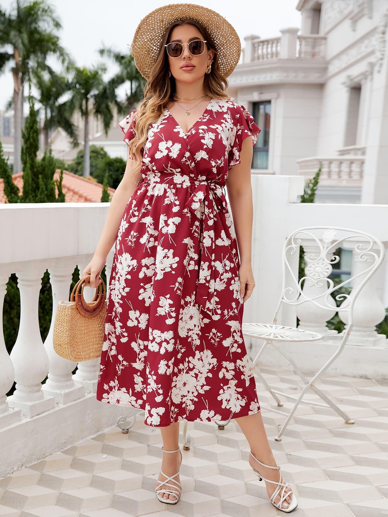 Plus Size Floral Tie Waist Surplice Neck Midi Dress - Raee-Industries