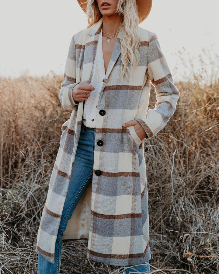 Women's Plaid Long Coat Woolen Coat - Raee-Industries