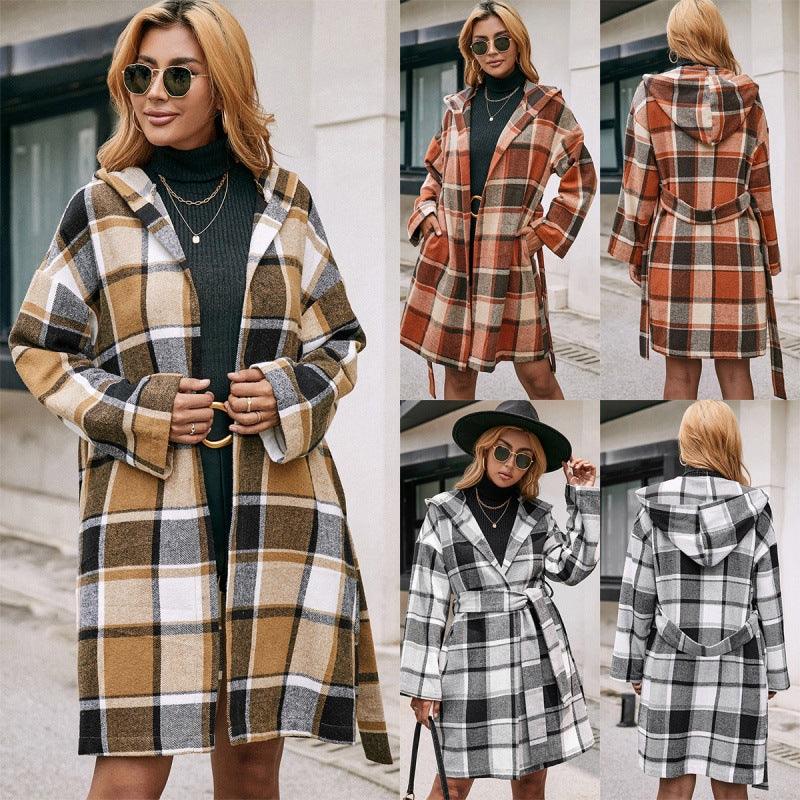 Loose Casual Plaid Mid-length Belted Hood - Raee-Industries