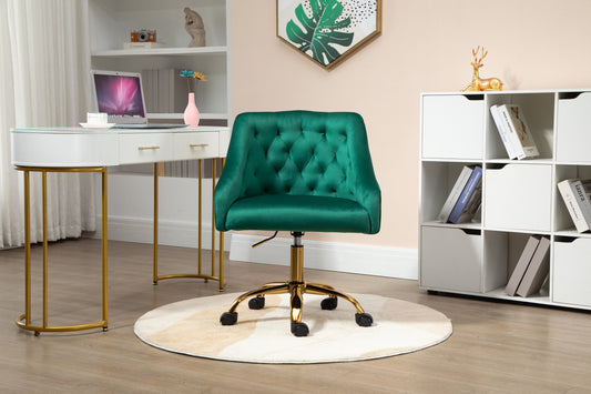Velvet Office Swivel Chair, Vanity Chair, Fabric Desk Chair, Pretty Fancy Chair, Gold Office Chair for Girls, 360°Swivel Height Adjustable Reception Chair, Green