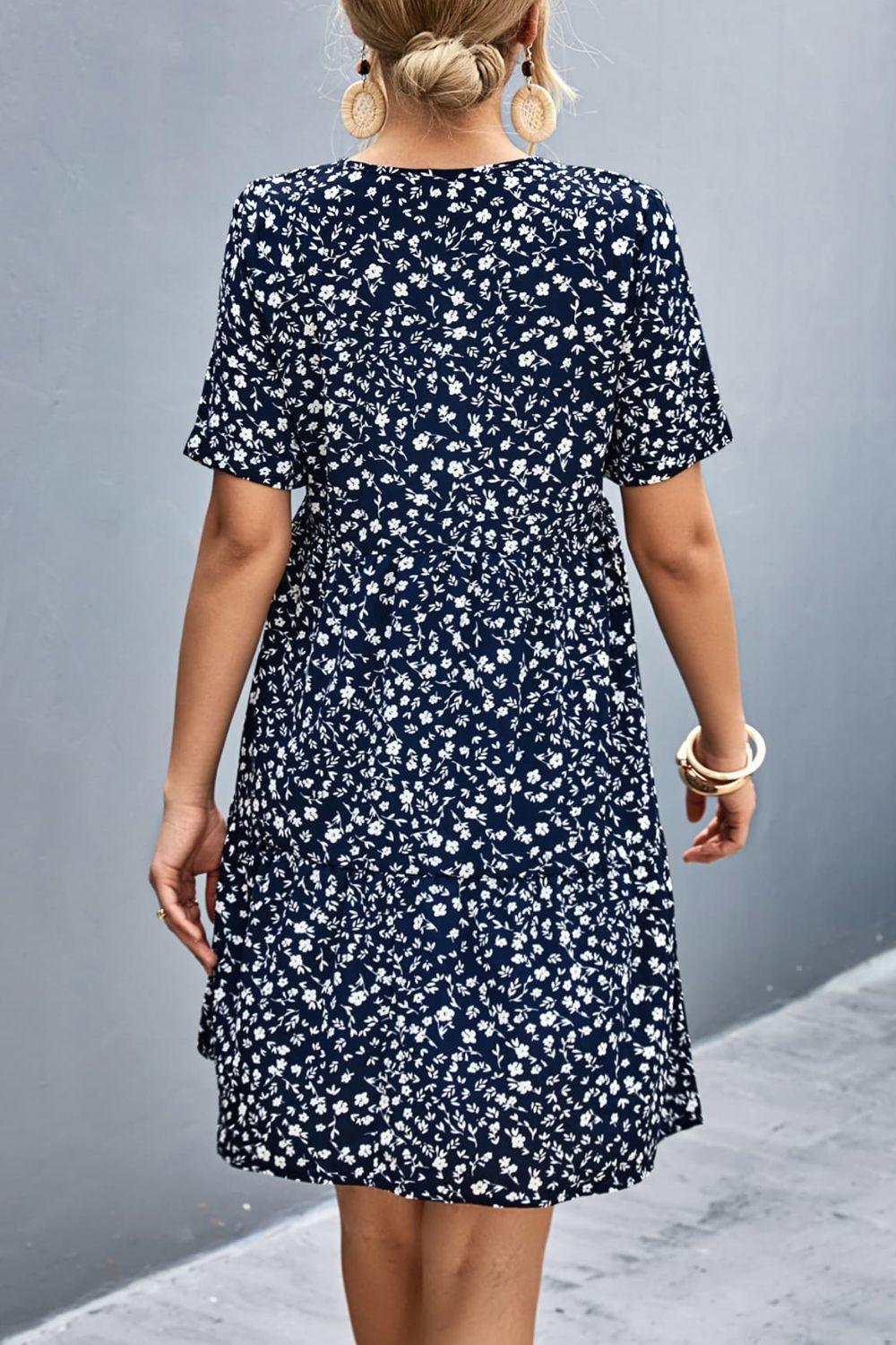 Ditsy Floral Empire Waist Plunge Short Sleeve Dress - Raee-Industries