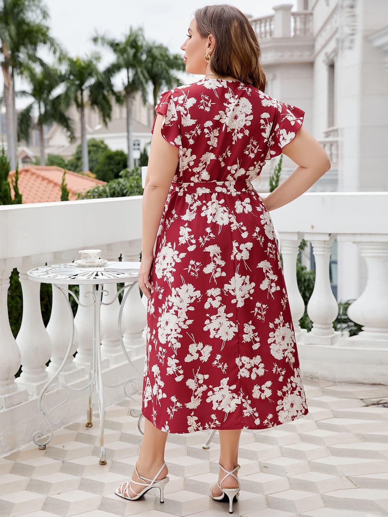 Plus Size Floral Tie Waist Surplice Neck Midi Dress - Raee-Industries