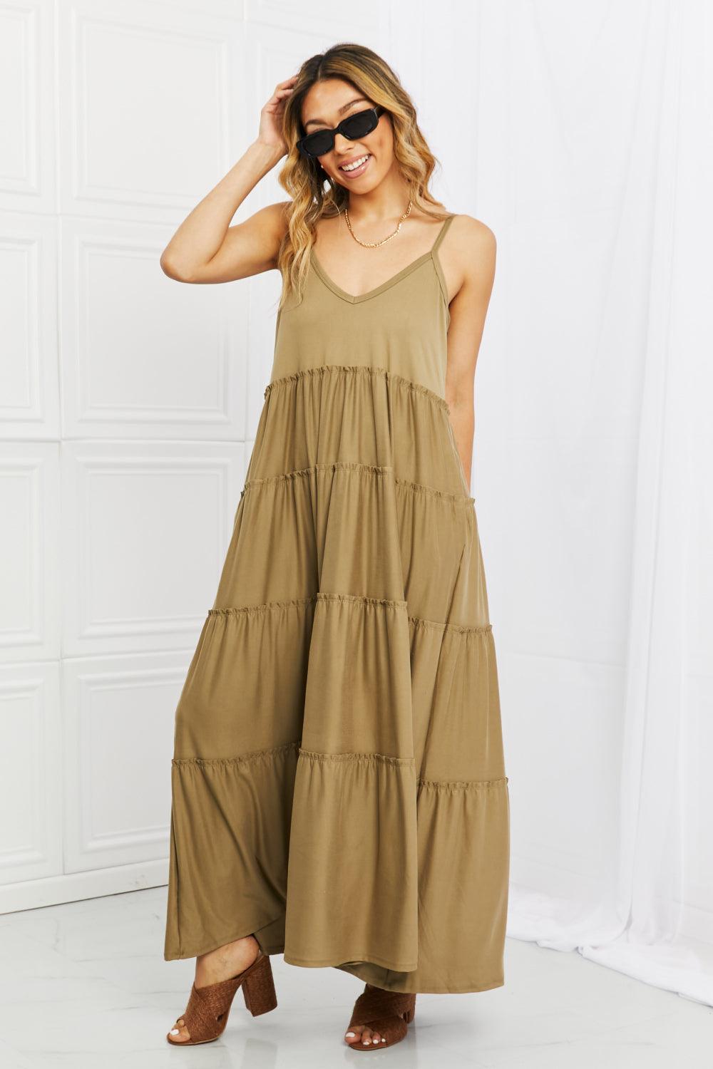 Zenana Full Size Spaghetti Strap Tiered Dress with Pockets in Khaki - Raee-Industries