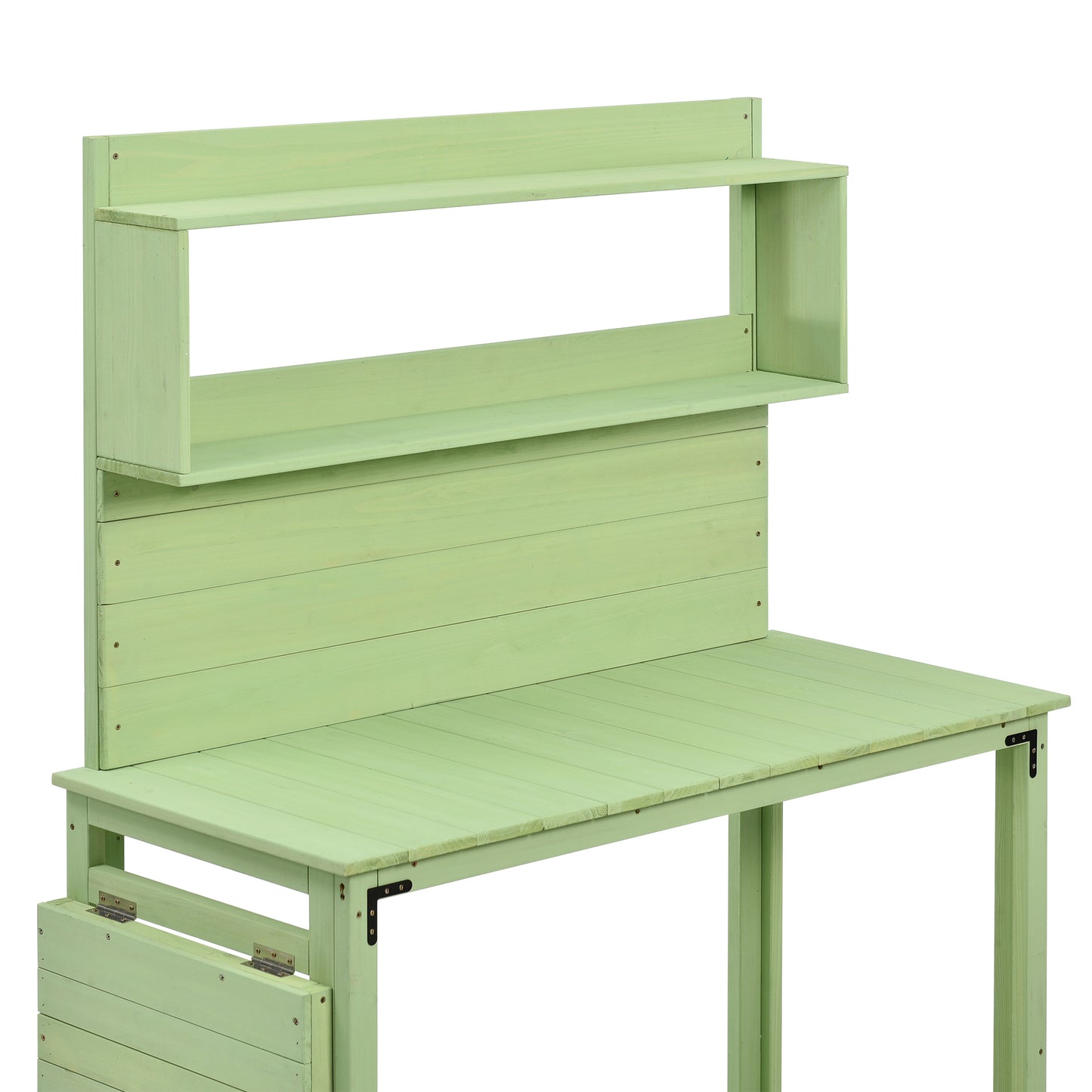 TOPMAX 65inch Garden Wood Workstation Backyard Potting Bench Table with Shelves, Side Hook and Foldable Side Table,Green