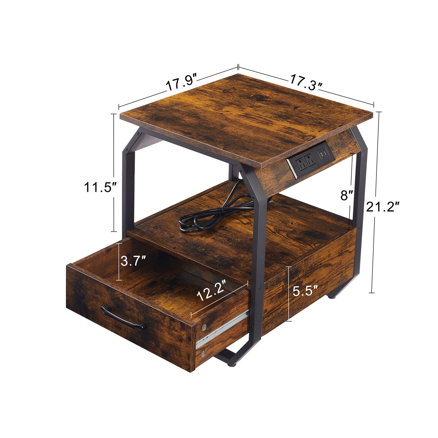 End table Side table with Charging Station,sofa side table with drawers, bedside table for bedroom.(Rustic Brown,17.3’’W*17.9’’D*21.2’’H)