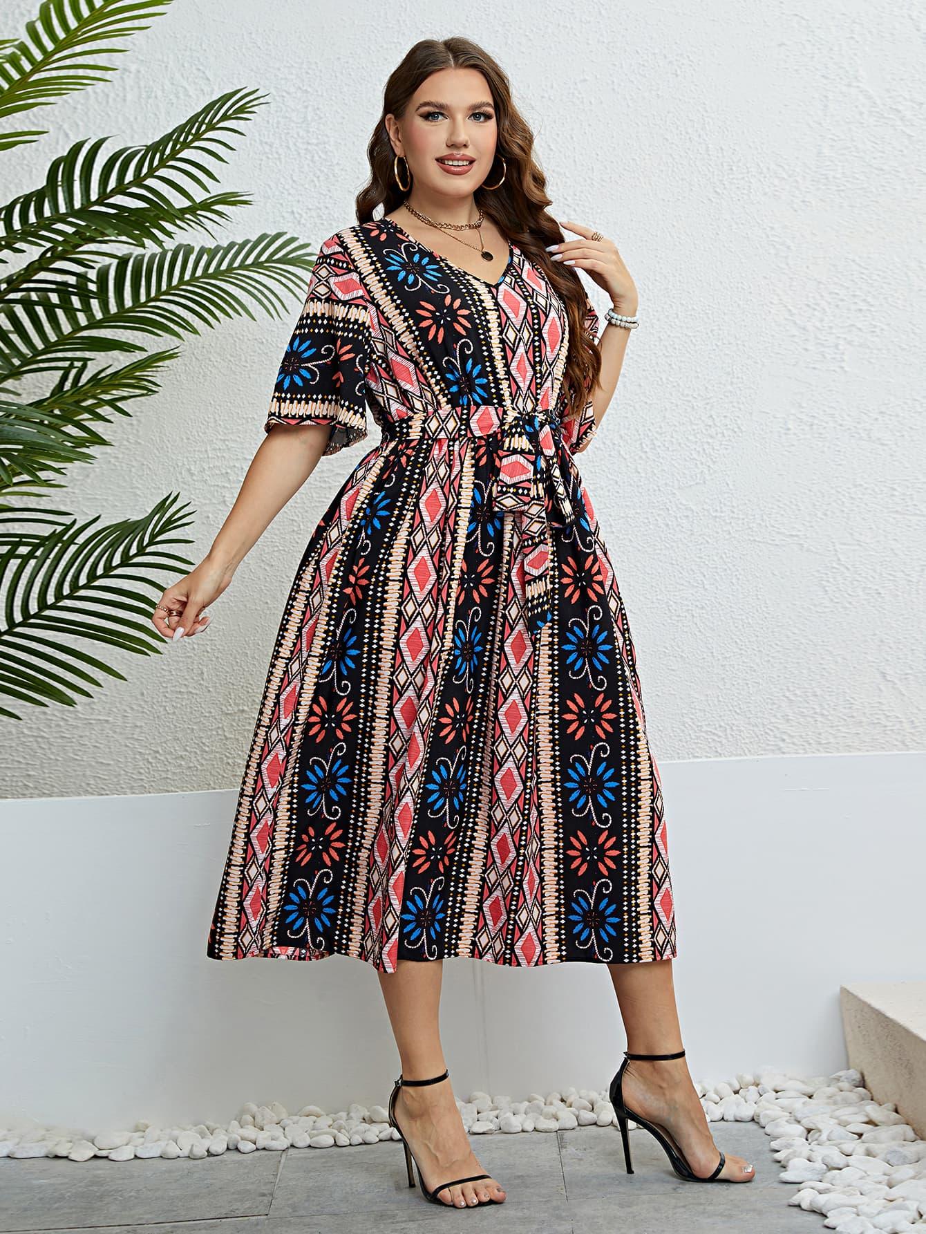 Plus Size Bohemian V-Neck Tie Belt Midi Dress - Raee-Industries