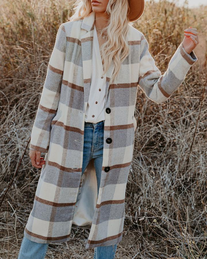 Women's Plaid Long Coat Woolen Coat - Raee-Industries