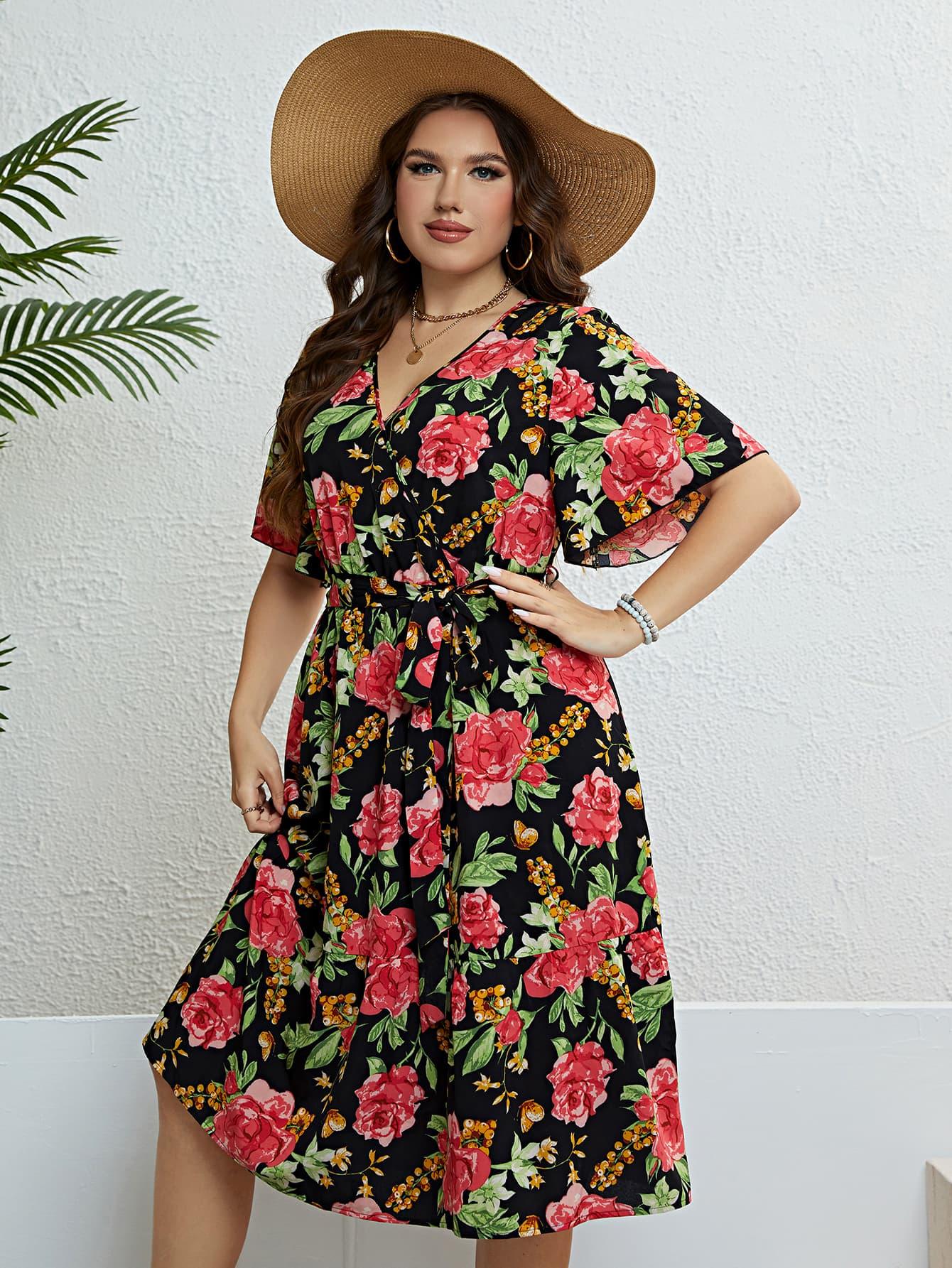 Plus Size Floral Tie Belt Surplice Dress - Raee-Industries