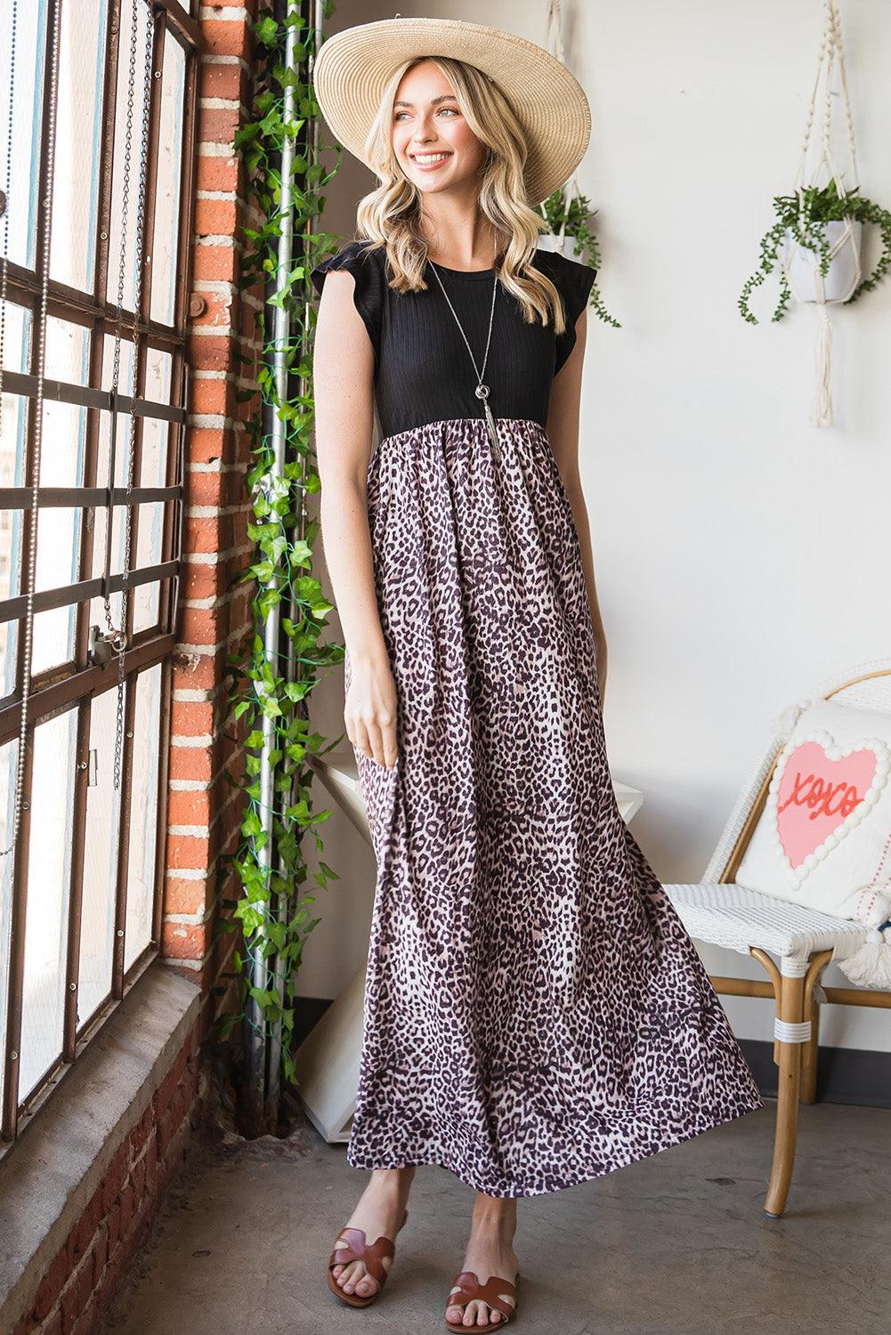 Leopard Print Round Neck Maxi Dress with Pockets - Raee-Industries