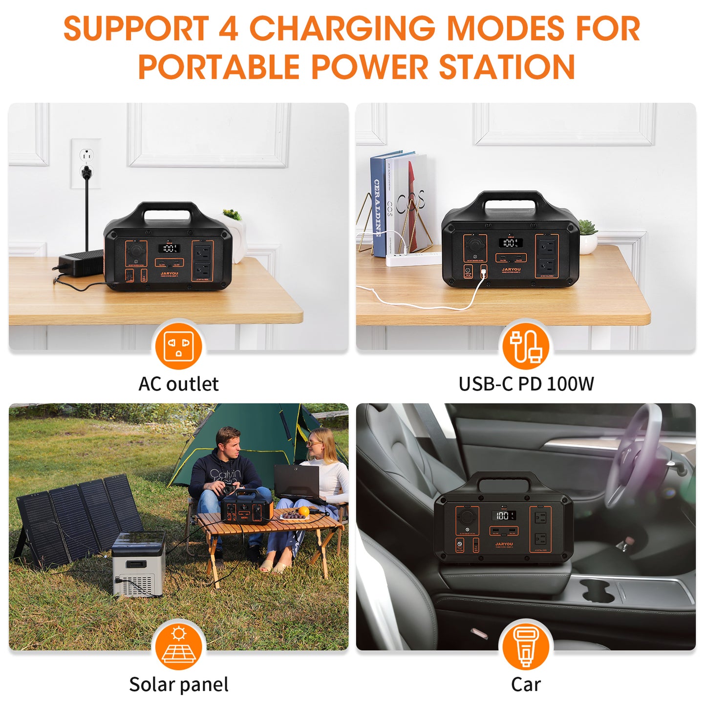 Portable Power Station Jaryou S1000P-S,1021Wh Solar Generator(Peak 2000W),276000 mAh Ternary Lithium Battery,With 2x110V/1000W AC Outlets,240W DC Input, PD100W Port For Outdoor Camping,Home Emergency