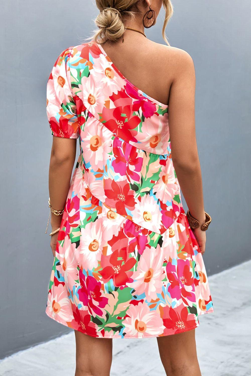 Floral One-Shoulder Puff Sleeve Dress - Raee-Industries