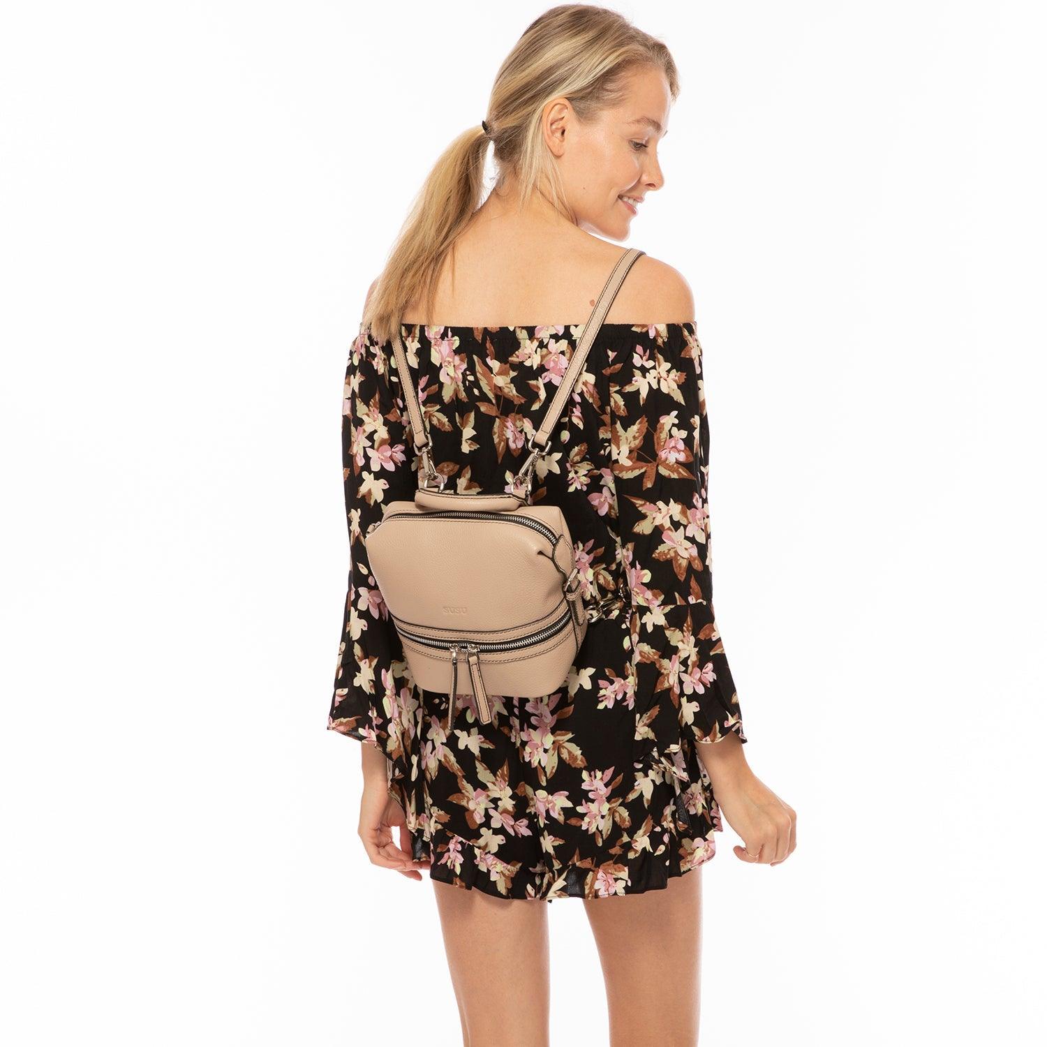 Ashley Small Leather Backpack Purse Beige - Raee-Industries