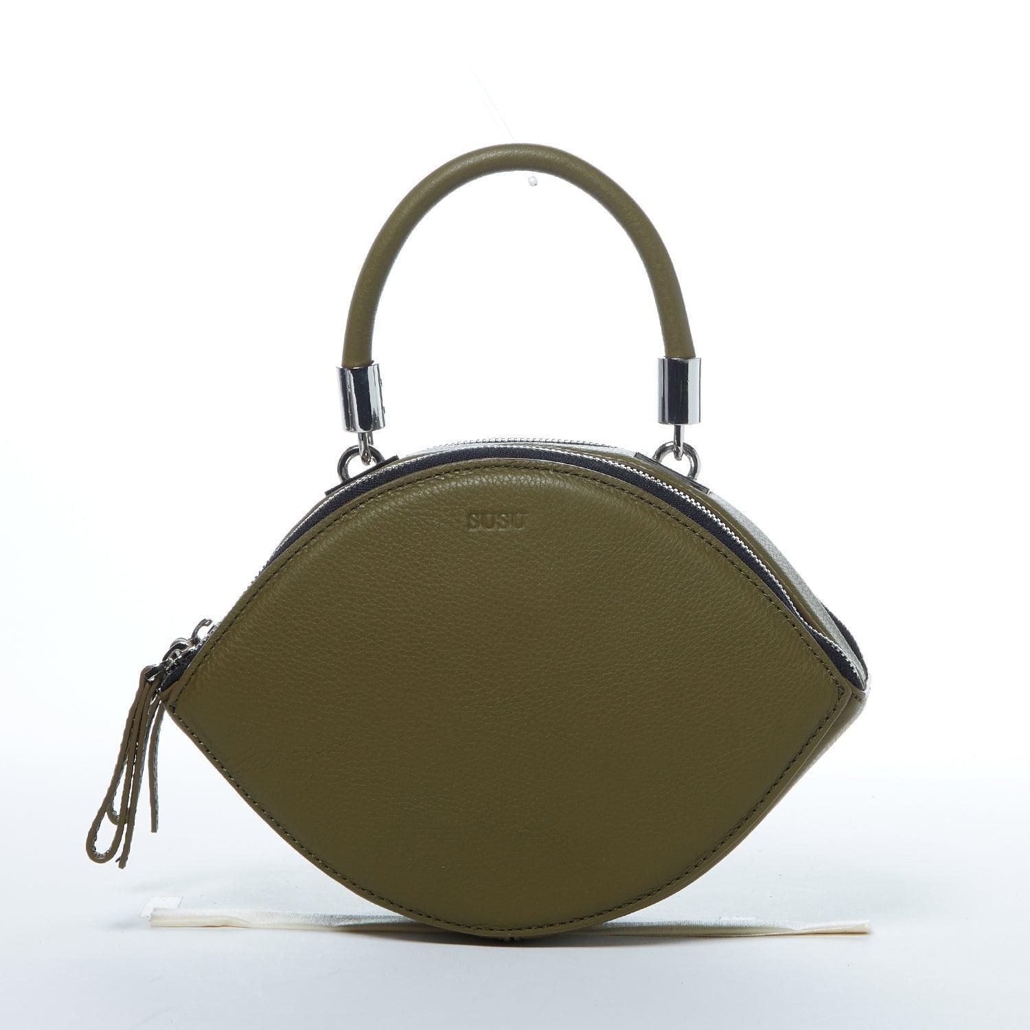 Kiss Circle Shape Leather Crossbody Bag Olive Green - Raee-Industries