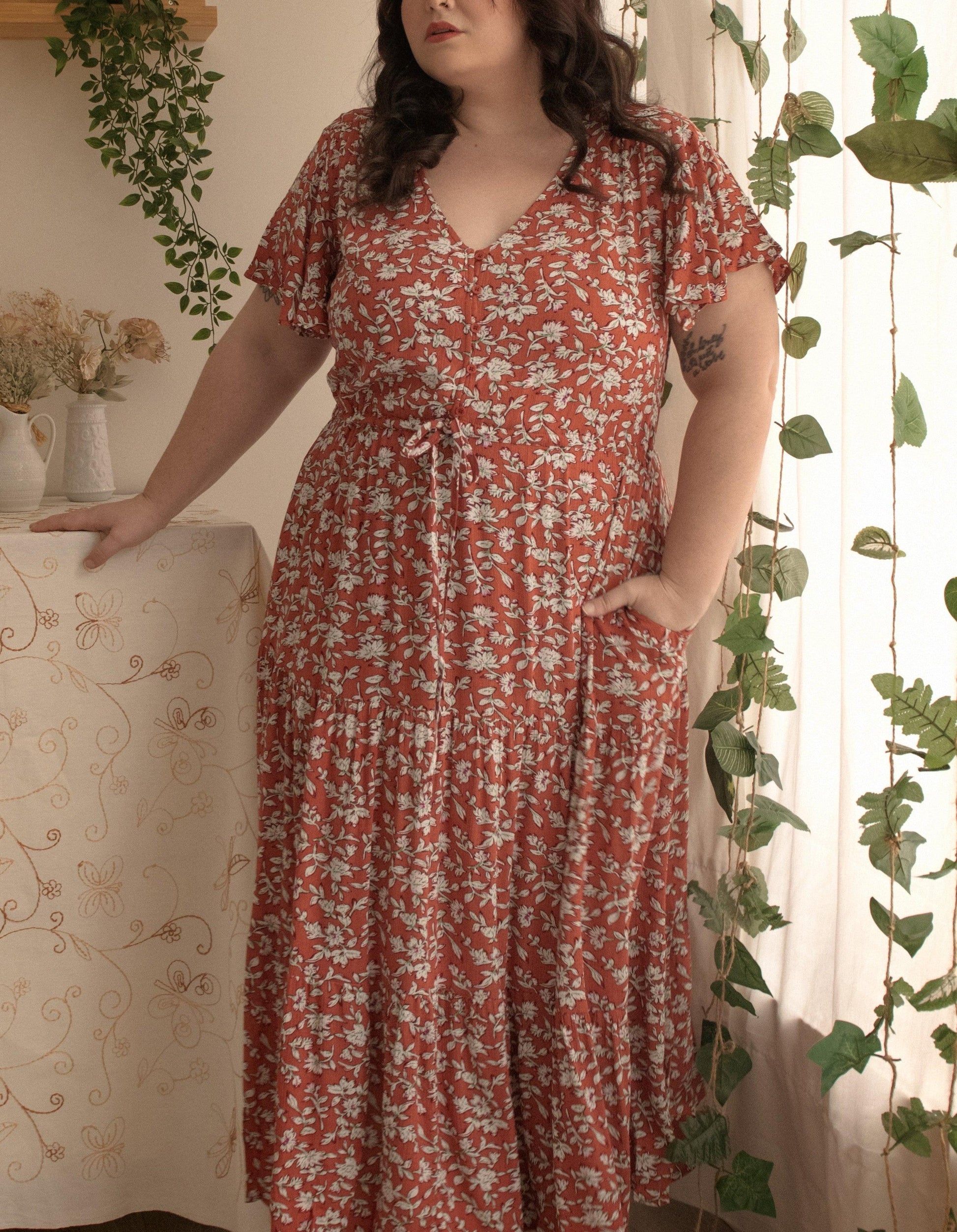 Lysandre Midi Dress Floral Print Rust - Raee-Industries