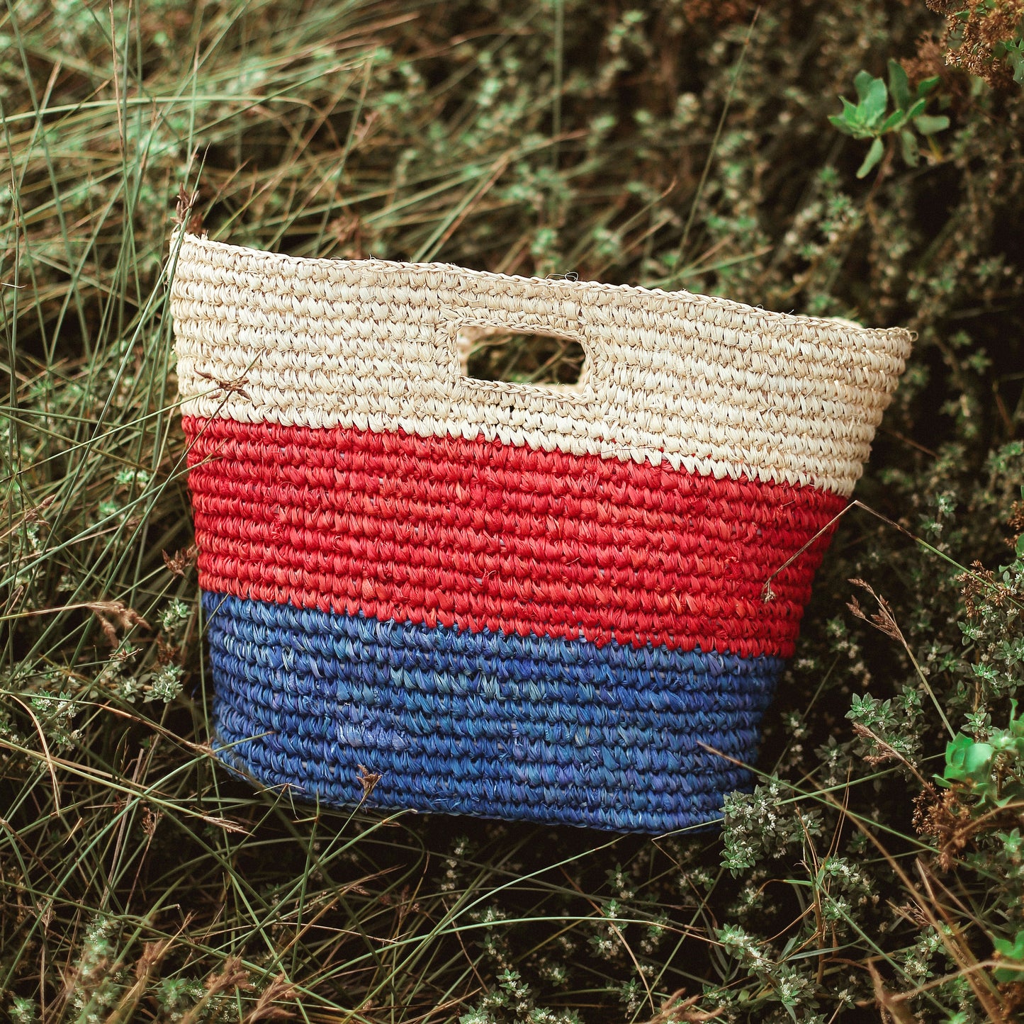 Sayan Raffia Tote Bag, in Red & Blue