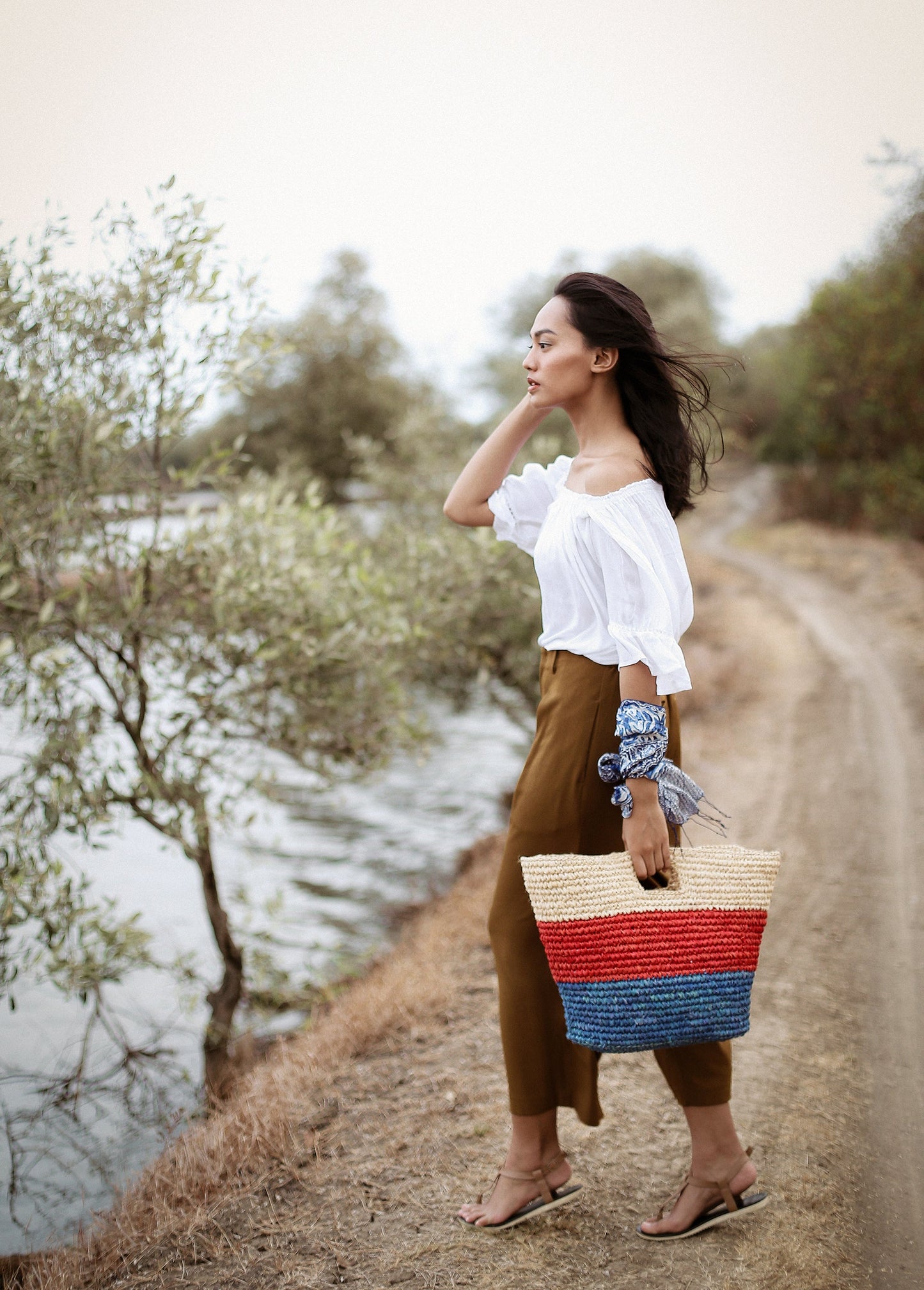 Sayan Raffia Tote Bag, in Red & Blue