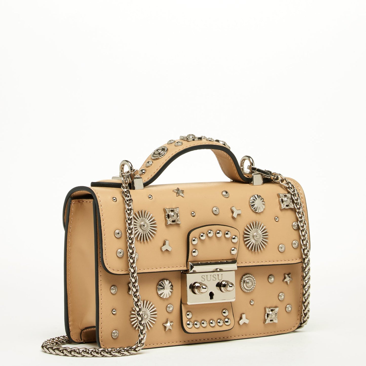 The Hollywood Leather Crossbody Studded Bag Beige