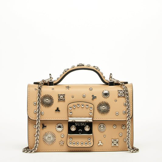 The Hollywood Leather Crossbody Studded Bag Beige