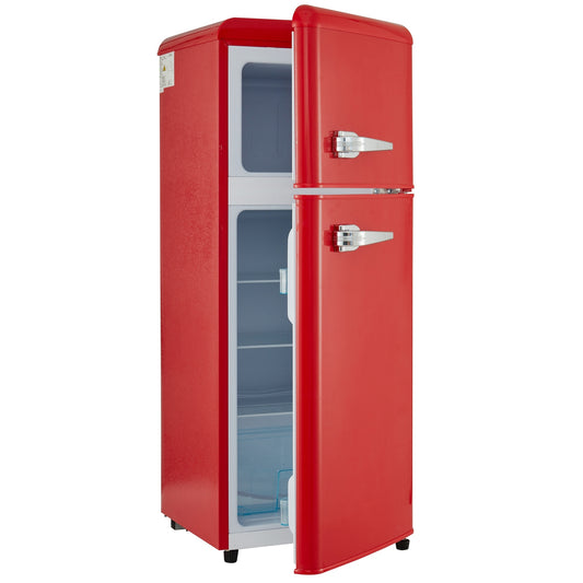 4.5 cu. ft. Dual Zone Refrigerator, 3.3 Fridge + 1.2 cu. ft. 4-Star Freezer, 7 Temperature Settings, 45 dB, Red, Silver Handles, LED Lighting, Adjustable Shelves, 16.69" x 17.52" x 40.08"