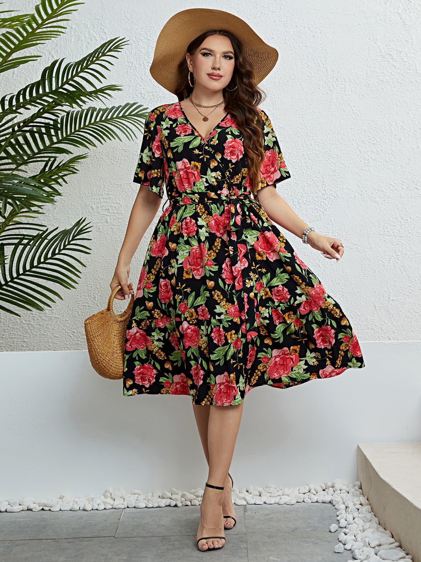 Plus Size Floral Tie Belt Surplice Dress - Raee-Industries