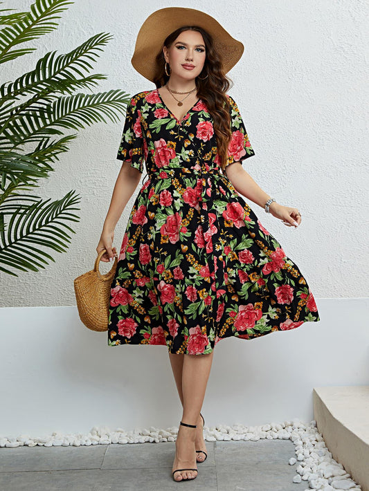 Plus Size Floral Tie Belt Surplice Dress - Raee-Industries