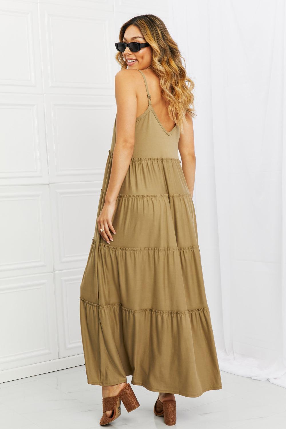 Zenana Full Size Spaghetti Strap Tiered Dress with Pockets in Khaki - Raee-Industries