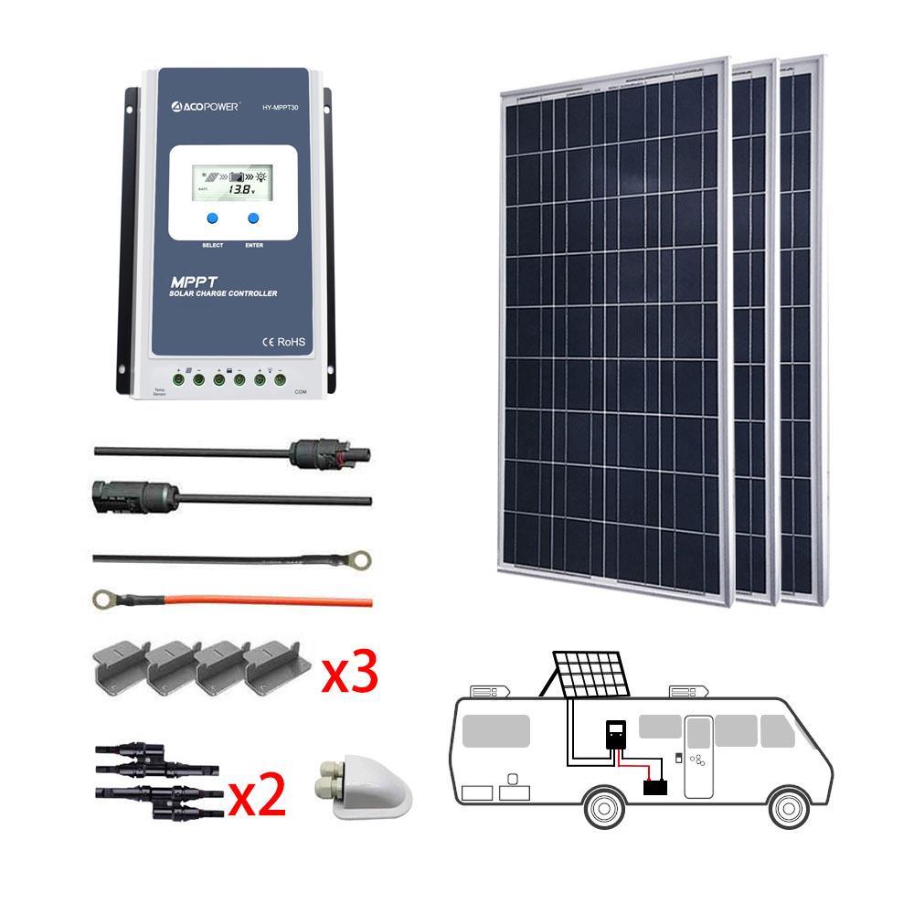 ACOPOWER 300W 12V Poly Solar RV Kits, 30A MPPT Charge Controller - Raee-Industries