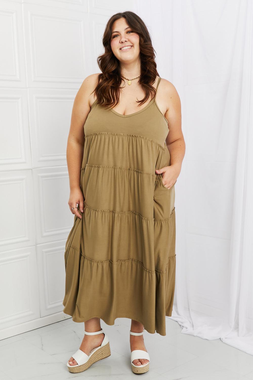 Zenana Full Size Spaghetti Strap Tiered Dress with Pockets in Khaki - Raee-Industries