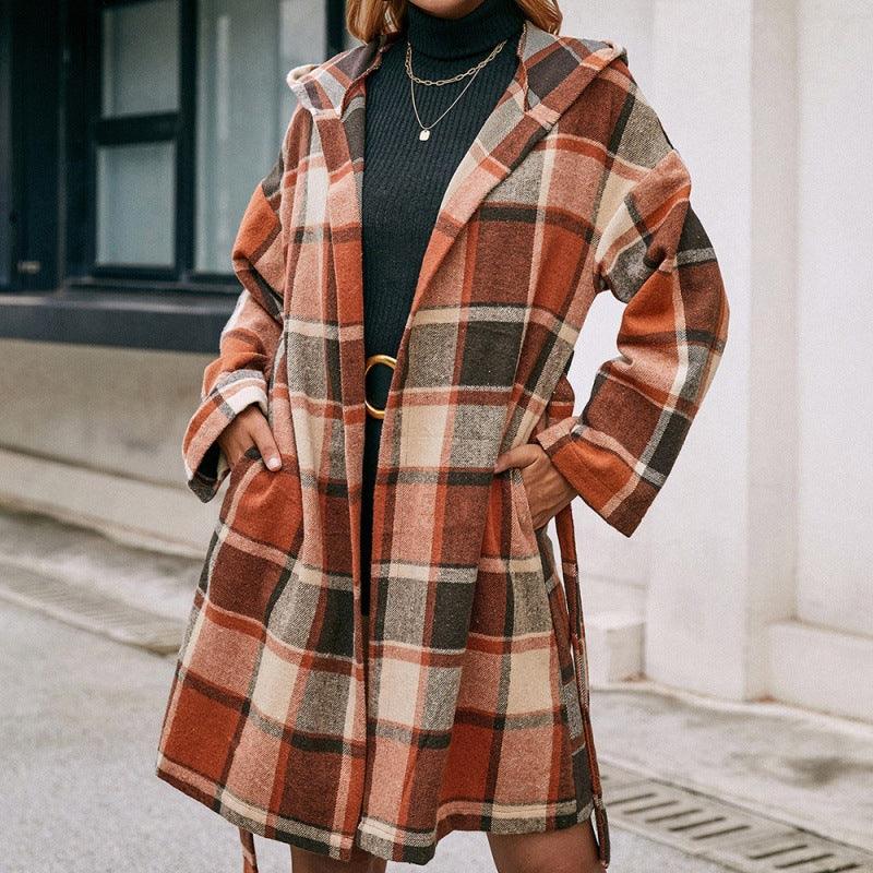 Loose Casual Plaid Mid-length Belted Hood - Raee-Industries