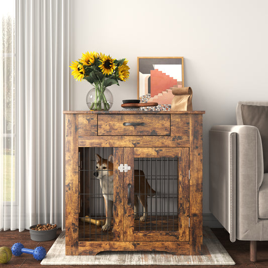 JHX Furniture Style Dog Crate End Table with Drawer, Pet Kennels with Double Doors , Dog House Indoor Use, （Rustic Brown，29.92”w x 24.80”d x 30.71”h）