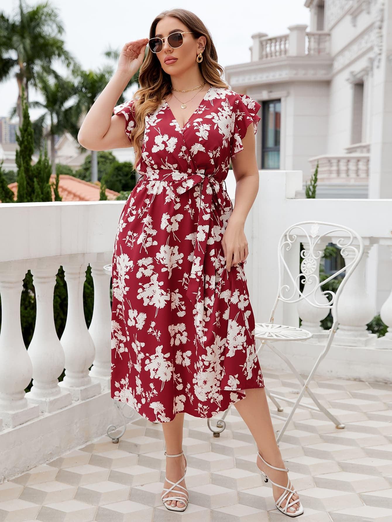 Plus Size Floral Tie Waist Surplice Neck Midi Dress - Raee-Industries