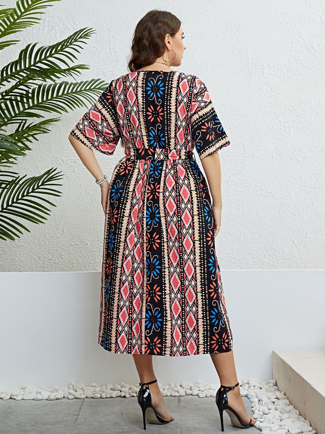 Plus Size Bohemian V-Neck Tie Belt Midi Dress - Raee-Industries