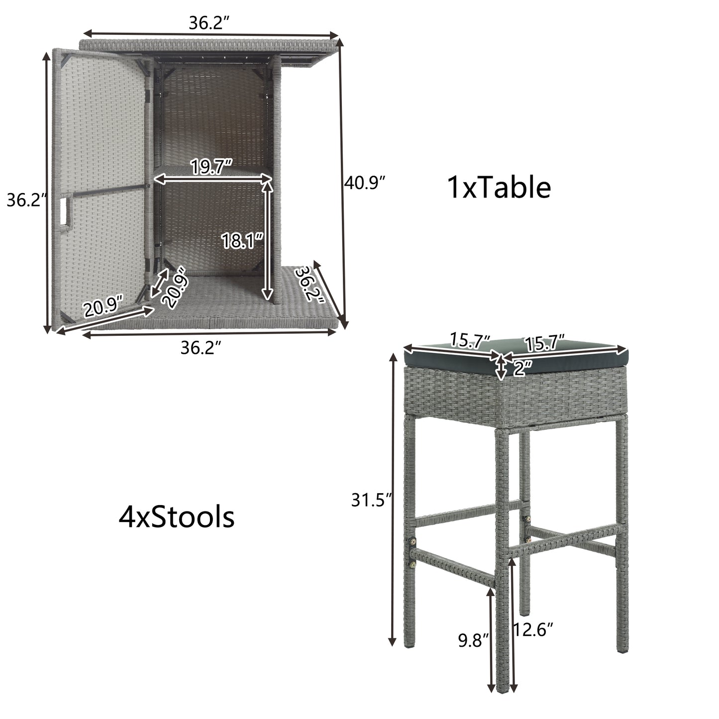 TOPMAX Patio 5-Piece Rattan Dining Table Set, PE Wicker Square Kitchen Table Set with Storage Shelf and 4 Padded Stools for Poolside, Garden, Gray Wicker+Dark Gray Cushion