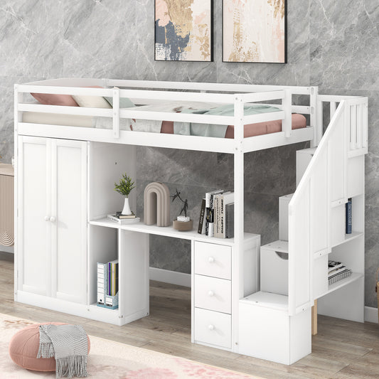 Twin Size Loft Bed with Wardrobe and Staircase, Desk and Storage Drawers and Cabinet in 1, White