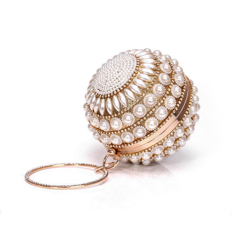 Round Evening Bag Clutch Ladies Metal Bag Women's Party Handbag Pearl Decoration