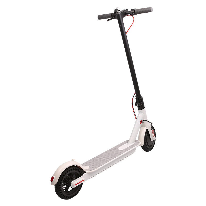 Raee WHOSU J03 PRO Electric Scooter featuring 8.5-inch tires, up to 17/22 miles range, a powerful 350W motor, and a top speed of 19 MPH. Portable, folding design for commuting adults with a double braking system and a dedicated app for enhanced control and monitoring.