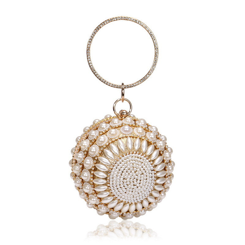 Round Evening Bag Clutch Ladies Metal Bag Women's Party Handbag Pearl Decoration