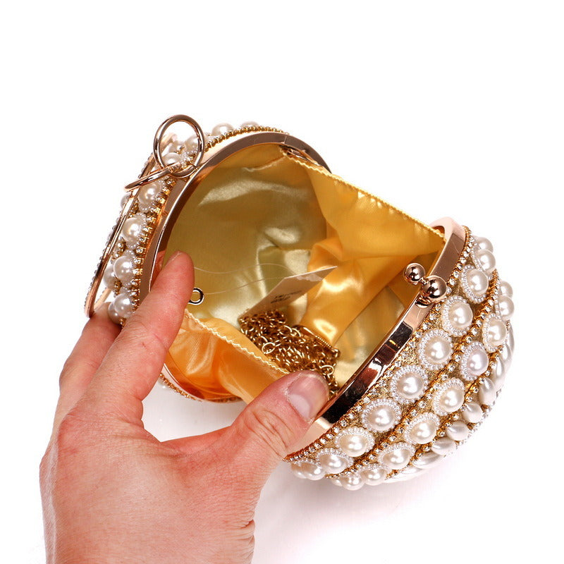 Round Evening Bag Clutch Ladies Metal Bag Women's Party Handbag Pearl Decoration