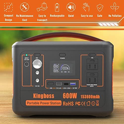 Solar Generator Portable Power Station 600W (Peak 1200W) Kingboss;  153600mAh 568WH;  Lithium Battery 110V/600W;  AC Outlet;  2*DC Carport;  2*USB-C;  QC USB 3.0;  Camping Power bank;  Outdoor Indoor