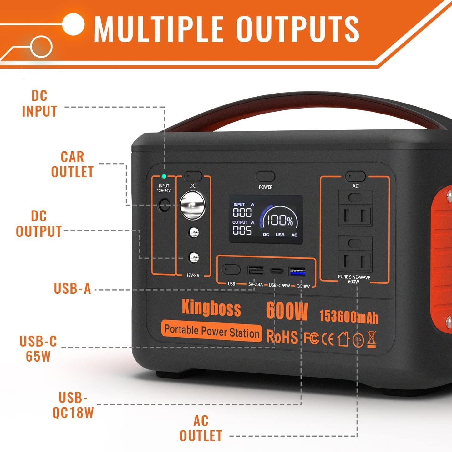 Solar Generator Portable Power Station 600W (Peak 1200W) Kingboss;  153600mAh 568WH;  Lithium Battery 110V/600W;  AC Outlet;  2*DC Carport;  2*USB-C;  QC USB 3.0;  Camping Power bank;  Outdoor Indoor