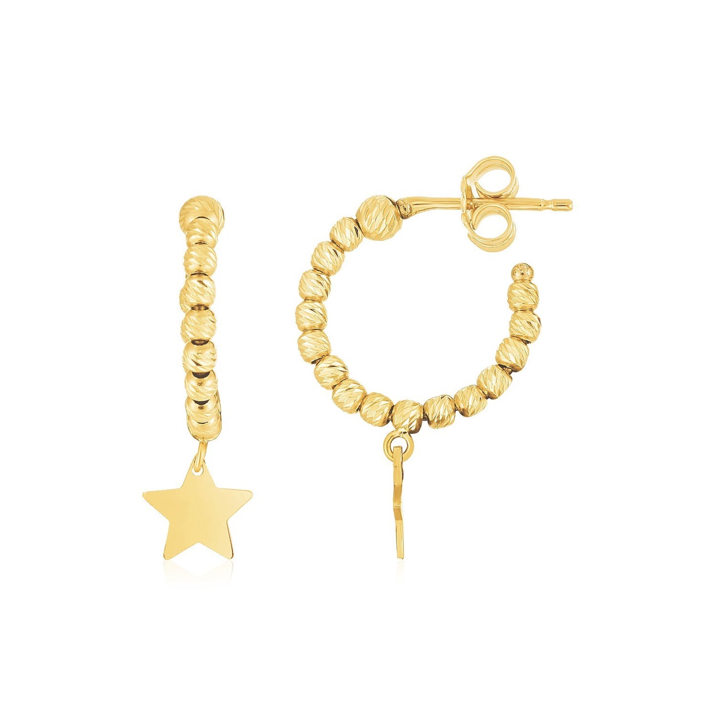 14K Yellow Gold Drop Star Charm Beaded Hoop Earrings