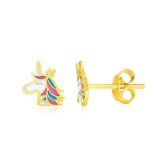 14k Yellow Gold Enameled Unicorn Childrens Earrings