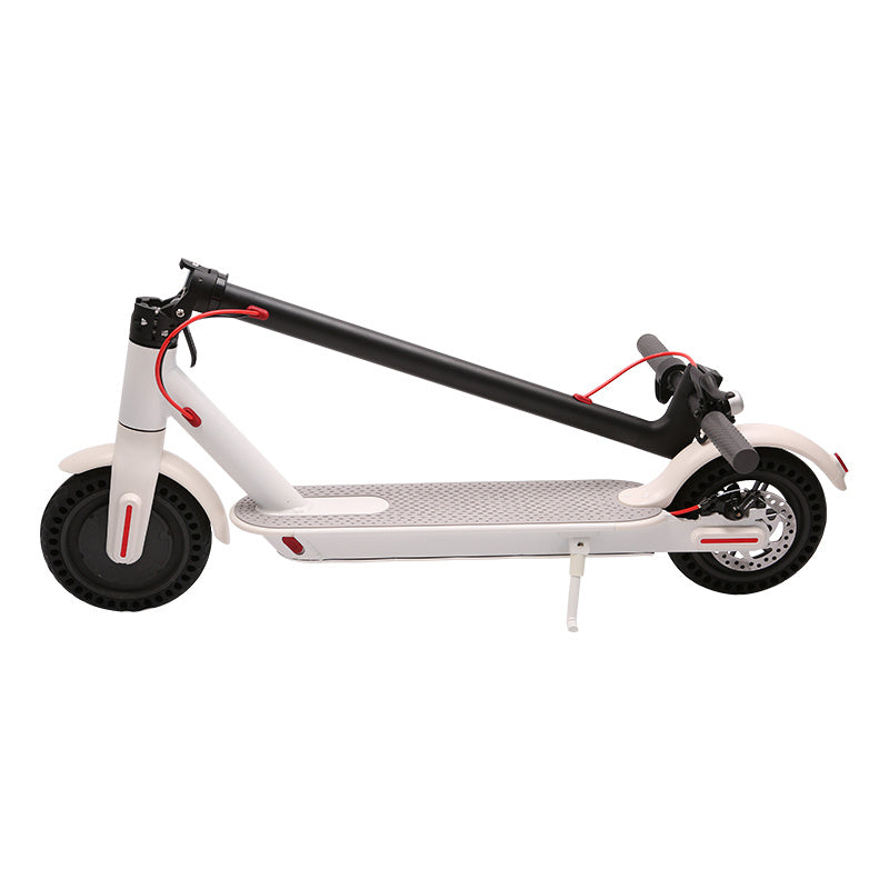 Raee WHOSU J03 PRO Electric Scooter featuring 8.5-inch tires, up to 17/22 miles range, a powerful 350W motor, and a top speed of 19 MPH. Portable, folding design for commuting adults with a double braking system and a dedicated app for enhanced control and monitoring.