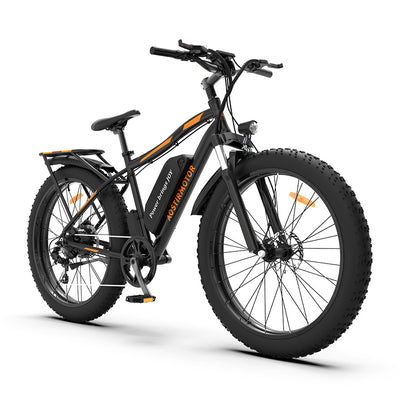 AOSTIRMOTOR 26" 750W Electric Bike Fat Tire P7 with removable lithium battery, ideal for adults. Features detachable rear rack and fender for convenience. Stylish and high-performance e-bike for versatile terrain