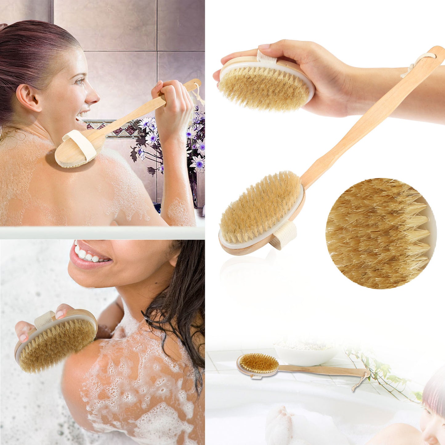 Bath Brush 15" Shower Body Back Scrubber with Long Handle Detachable Brush