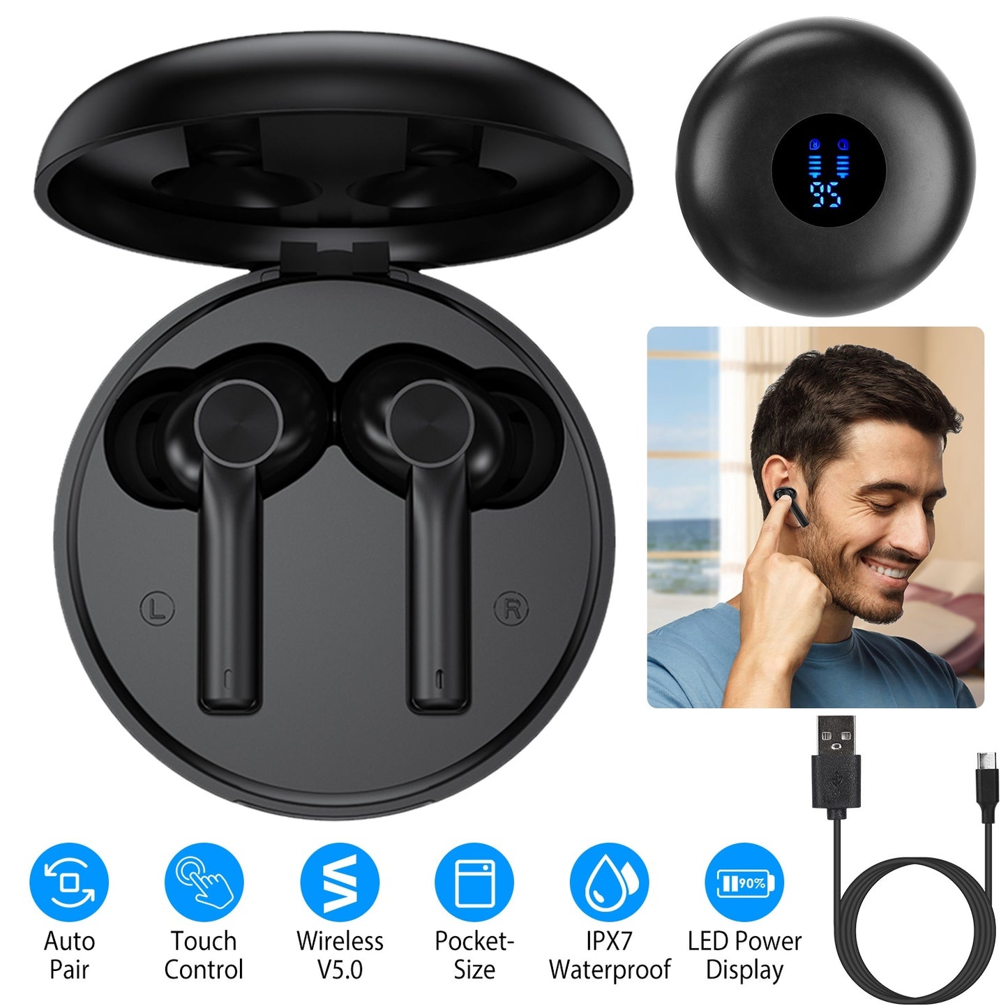 5.0 TWS Wireless Earbuds Touch Control Headphone in-Ear Earphone Headset