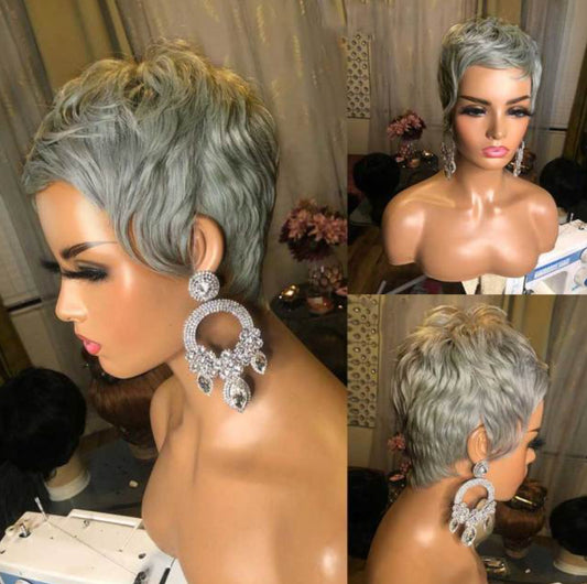 Women's wig short hair silver gray mechanism rose net chemical fiber wig head set Pixie cut wig